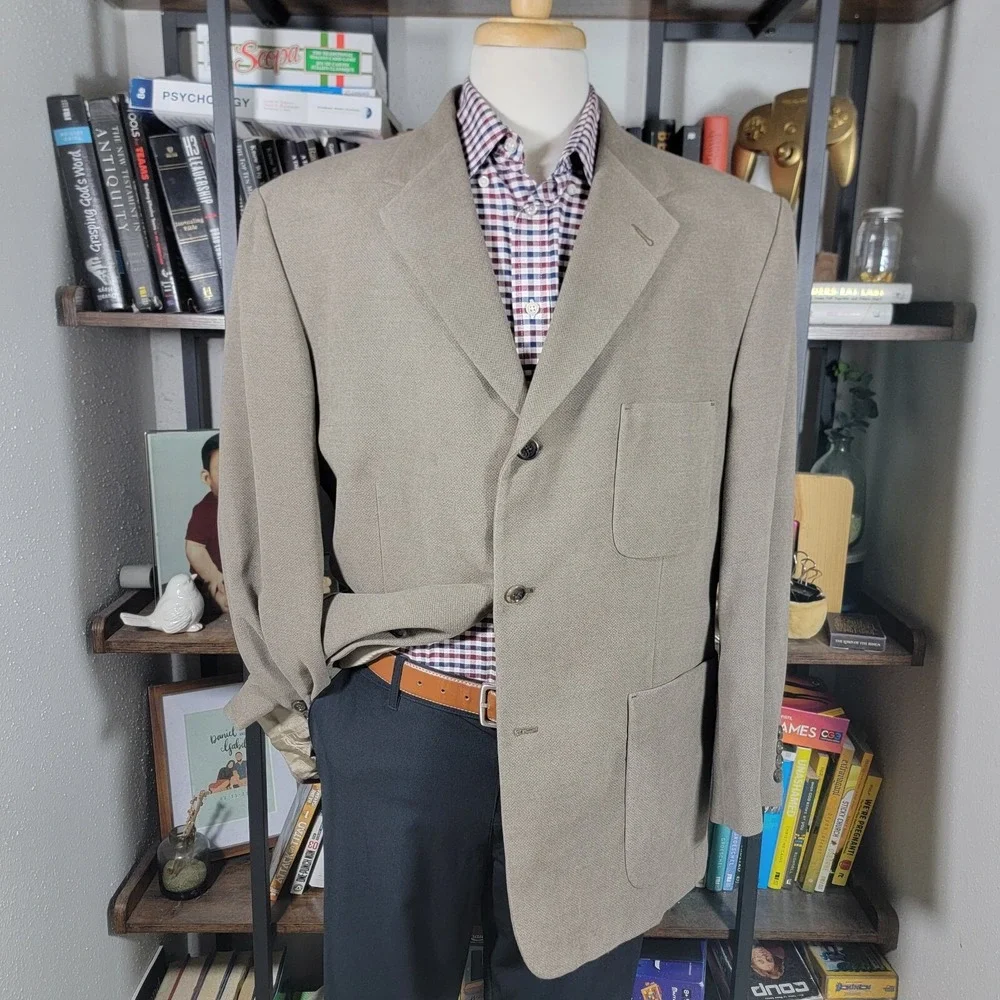 Haggar Black Label Mens Suede Sport Coat Blazer Three Button Brown Polyester 46R
